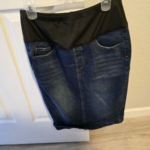 Dark Wash Denim Maternity Midi Skirt with Black Stretch Waistband